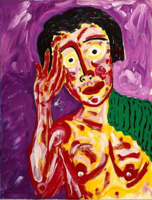 a painting of a man with his hands on his face