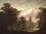 a painting of a man and a woman sitting on a bench by a lake