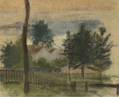 an image of a painting of a house and trees in a field