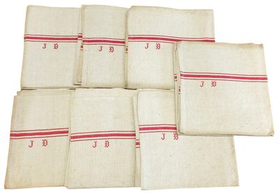 Suite de 7 TORCHONS en métis à bandeau et liserets rouges, c… - Photo 1