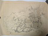 a drawing of a man riding a horse next to a herd of sheep