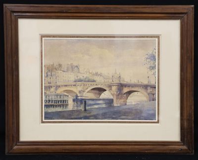 painting of a bridge over a body of water with a castle in the background