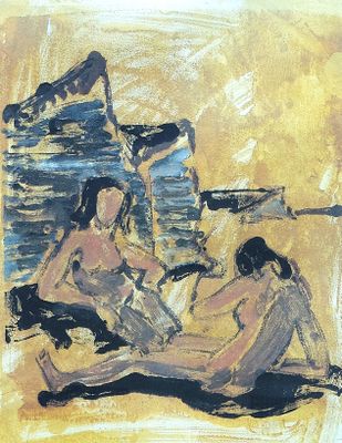 painting of two women sitting on the ground with a gun in their hand