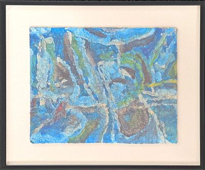 painting of a blue and green abstract painting in a black frame
