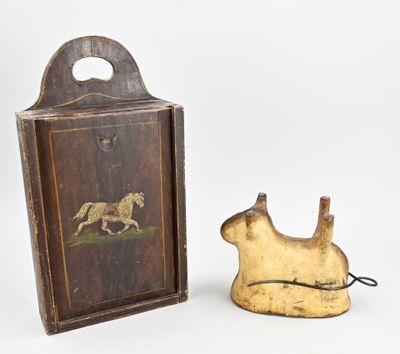 an old wooden box with a painting of a horse and a dog on it