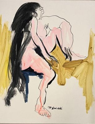 painting of a nude woman sitting on a chair with her legs crossed