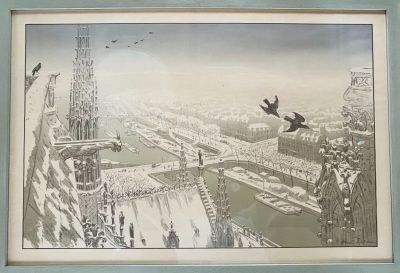 painting of a view of a city with birds flying over it