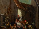an image of a painting of chickens and chickens outside a barn