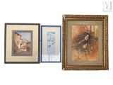 two framed paintings of a woman and a bird on a wall