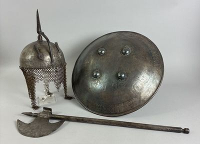 an image of a helmet, axe, and shield on a white background