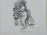a black and white drawing of a woman holding a dog