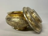 pair of antique silver plated bowls with lids on a white background