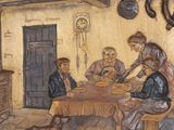 carvings of people sitting at a table with a dog in front of them