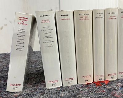 Plusieurs livres sont alignés sur un tapis
