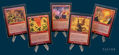 five cards of different colors and designs on a blue background