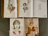 several drawings of a woman sitting on a bench in a book