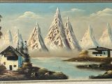 painting of a mountain scene with a house and a river