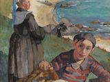 a painting of a man and a woman sitting on the beach
