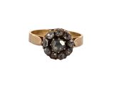 an image of a gold ring with a cluster of black diamonds