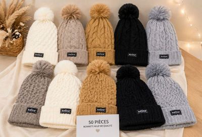 six bonnets tricotés de couleurs différentes, ornés de pompons, posés sur une table