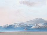 tableau représentant une vue d'une ville au bord de l'eau, avec des montagnes en arrière-plan