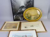 three framed pictures and a picture of the eiffel tower in paris
