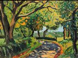 an oil painting of a country road with trees and a bench