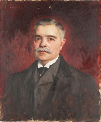 un tableau représentant un homme en costume-cravate, portant une moustache