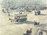un tableau représentant une scène de rue avec des passants et une calèche