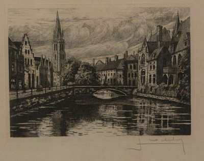 dessin représentant une vue d'une ville avec un pont enjambant une rivière
