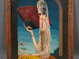 tableau représentant une femme tenant un éventail et une rose à la main