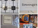 plusieurs photos de divers articles exposés sur une table dans un magasin
