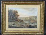 un tableau représentant une scène fluviale avec des bateaux sur l'eau