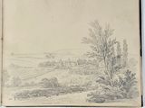 an old book with a drawing of a landscape on it