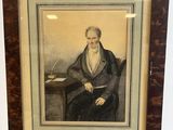 un tableau représentant un homme assis à un bureau, un stylo à la main