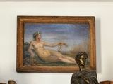 a statue of a woman sitting on a shelf next to a painting