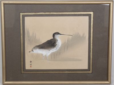 painting of a bird with a long beak standing in a field