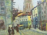 painting of a street scene with a church steeple in the background