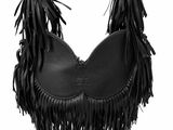 a black purse with fringes hanging from it