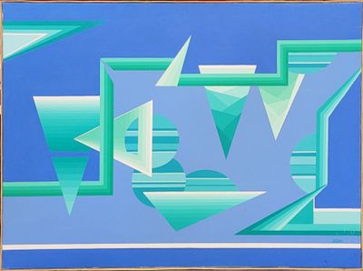abstract painting of blue and green shapes on a blue background