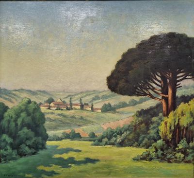 an oil painting of a landscape with trees and a farm