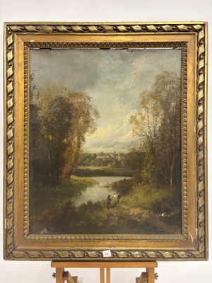 une peinture à l'huile représentant un paysage avec un homme en train de pêcher au bord d'une rivière
