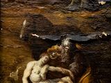 painting of a man and a woman sitting on a rock in the water