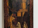 an old painting of two women walking down a street with a clock tower in the background