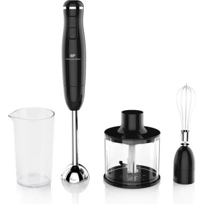 a blender with a glass cup and a whisk in front of it