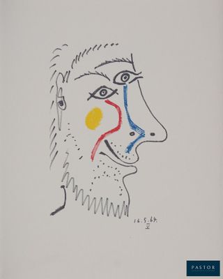 a drawing of a man ' s face with red, yellow, and blue lines