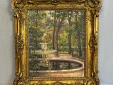 a picture of a painting of a fountain in a park