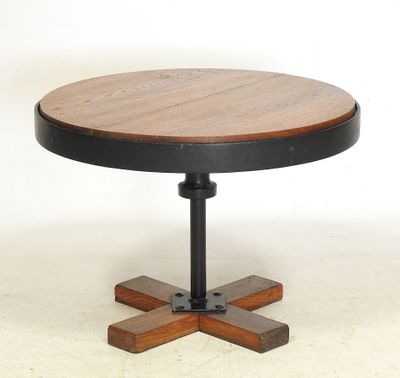 an image of a round table with a wooden top and metal legs