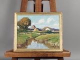 une peinture à l'huile représentant une scène de vie à la ferme, posée sur un chevalet près d'une rivière