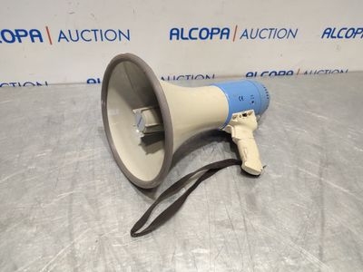 a blue and white megaphone sitting on top of a table